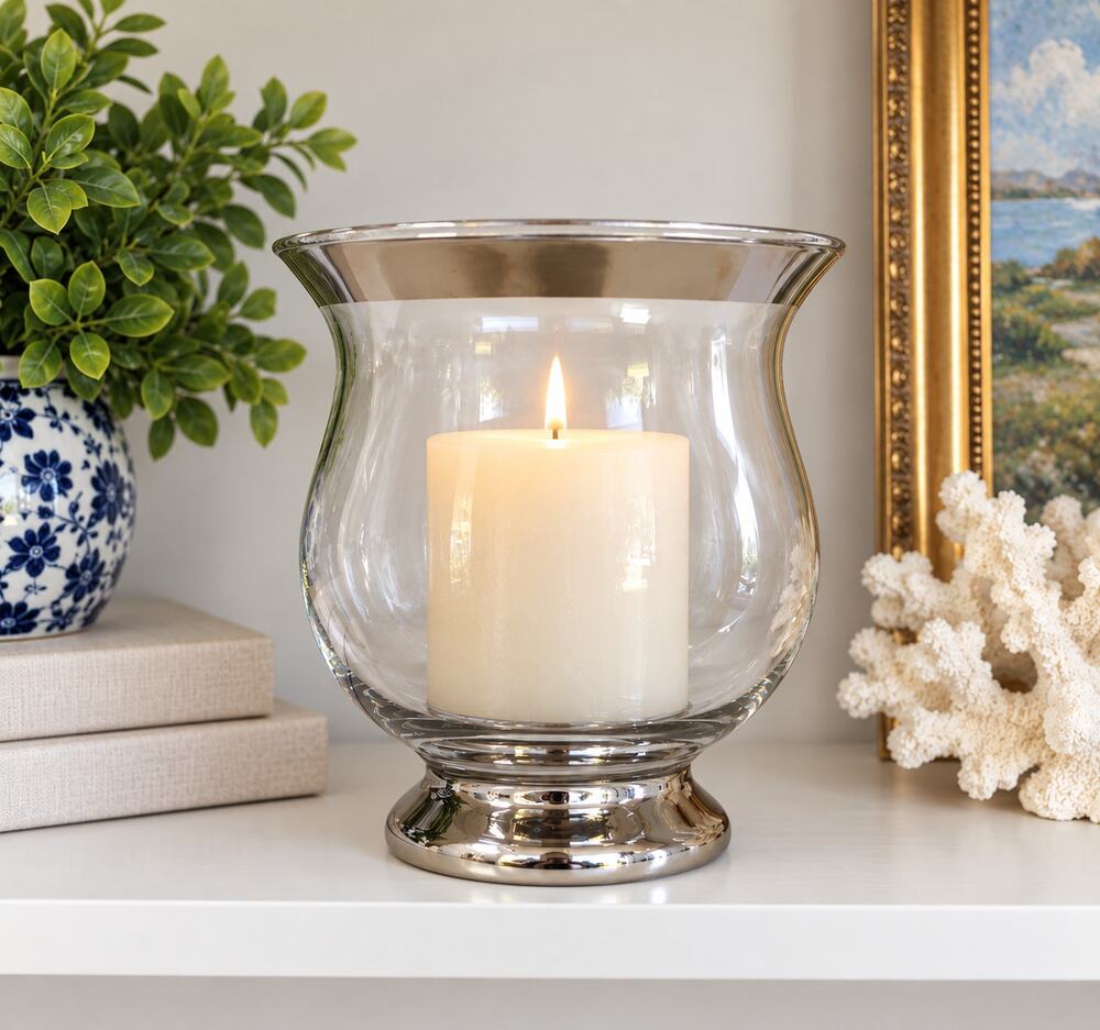 Vintage Crate & Barrel Minuet Glass Hurricane Candle Holder Silver Rim Italy
